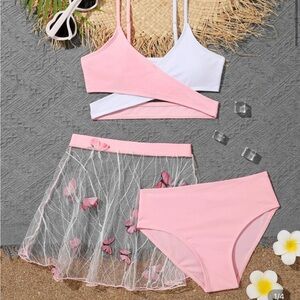 Girls 11-12 years swimsuit new. Pink/white bikini butterflies